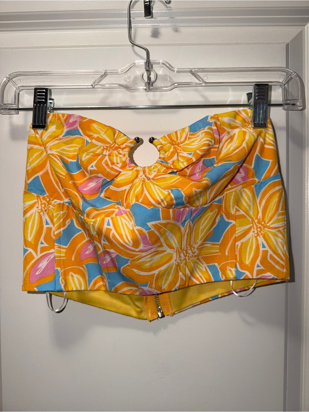 Tropical Floral Ring-Front Bustier Top - Yellow Blue Pink